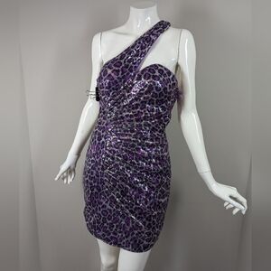 Y2K Xtreme Purple Leopard Sequin One Shoulder Mini Dress Sz 6